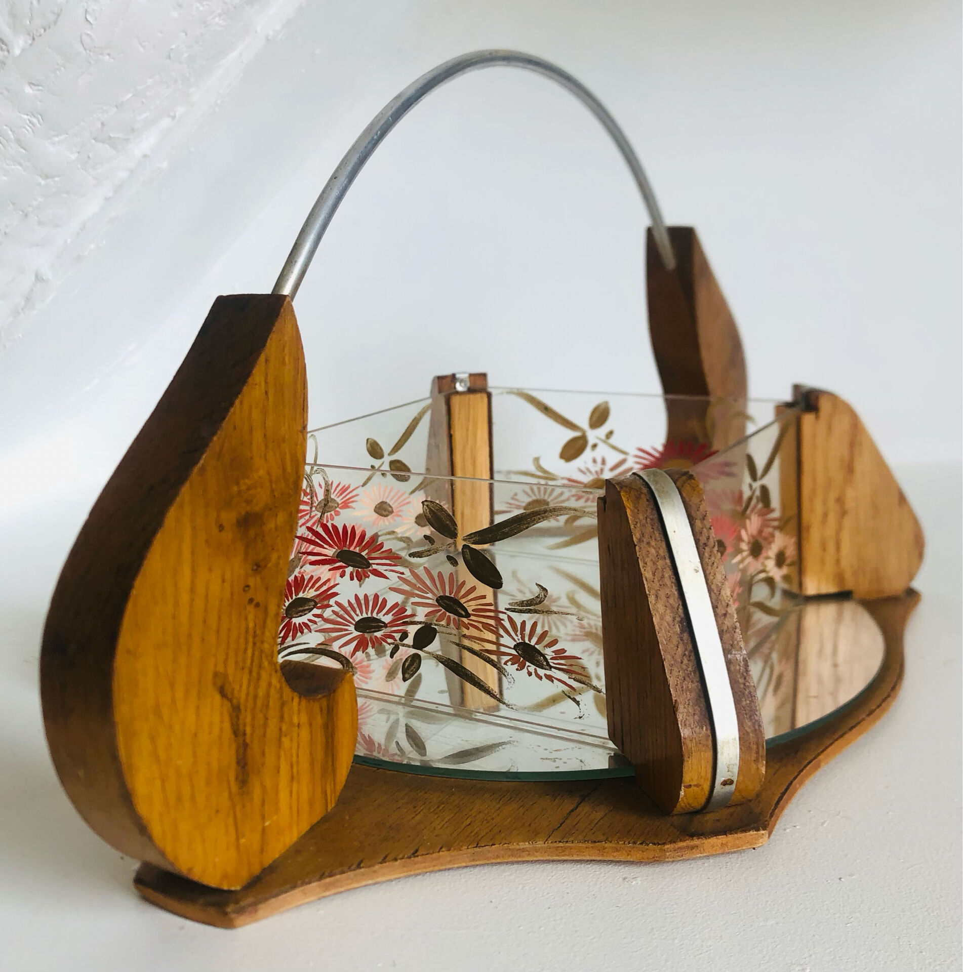Vintage painted glass tray, wood and mirror