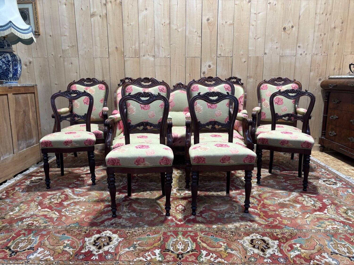 Napoleon III salon set 9 pieces solid mahogany rose fabric