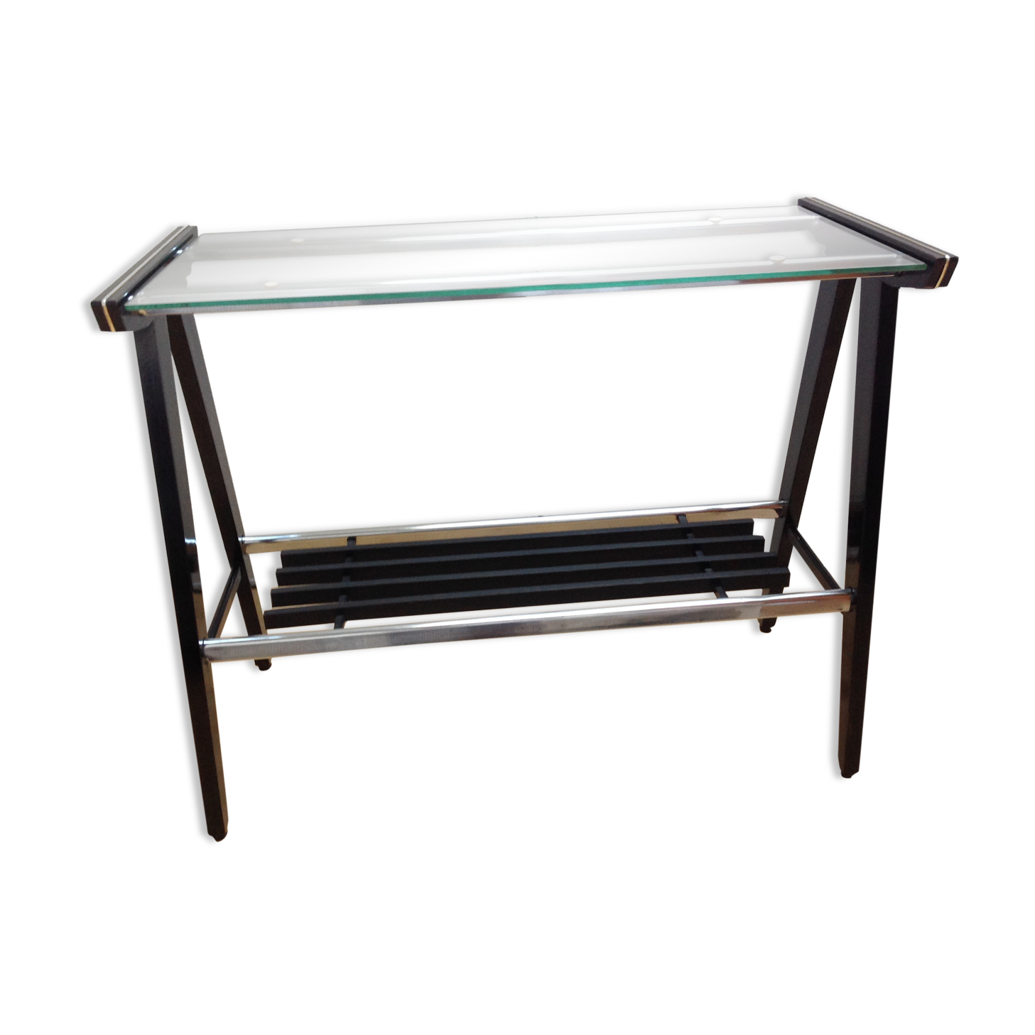 Console in black lacquered wood and chromed metal / vintage 60s-70s