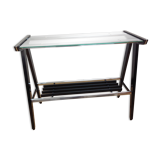 Console in black lacquered wood and chromed metal / vintage 60s-70s