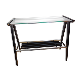 Console in black lacquered wood and chromed metal / vintage 60s-70s