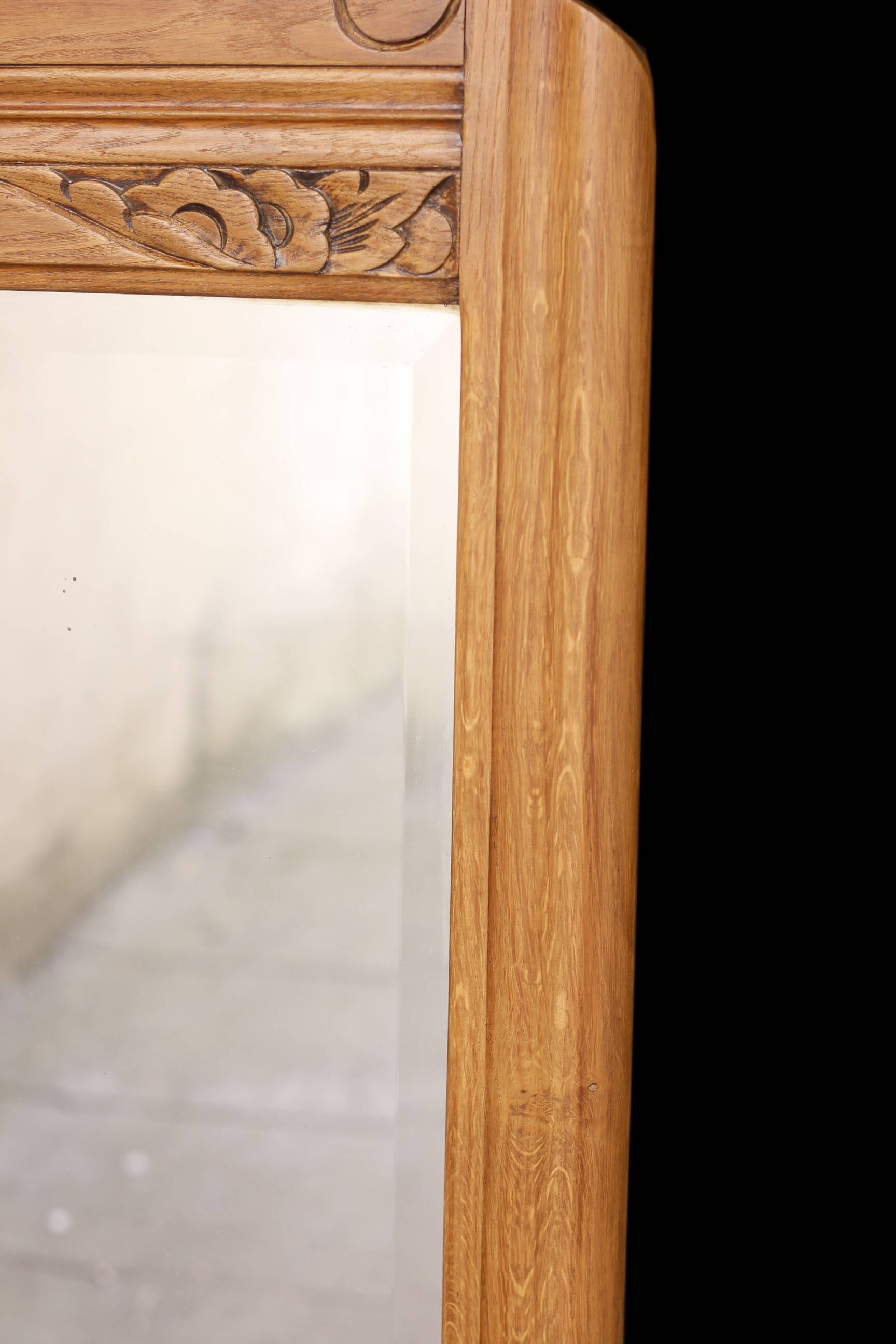 Art Deco fireplace mirror in light oak. Mercury glass.