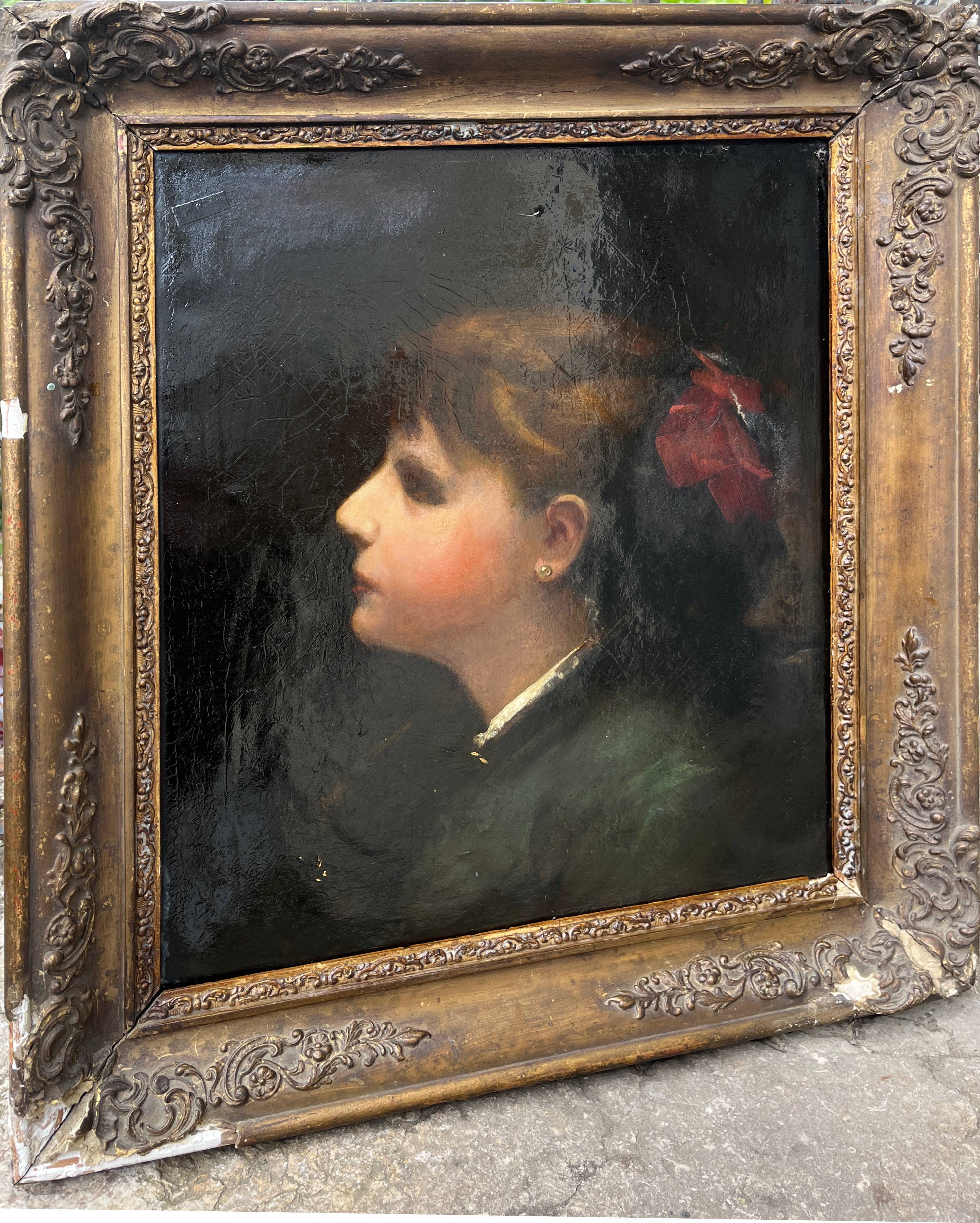 HST painting "Portrait of a young woman with a red bow" 19th century for restoration