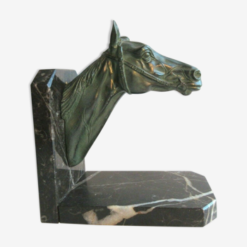 Serre-livre art-déco cheval en régule patiné sur support marbre noir
