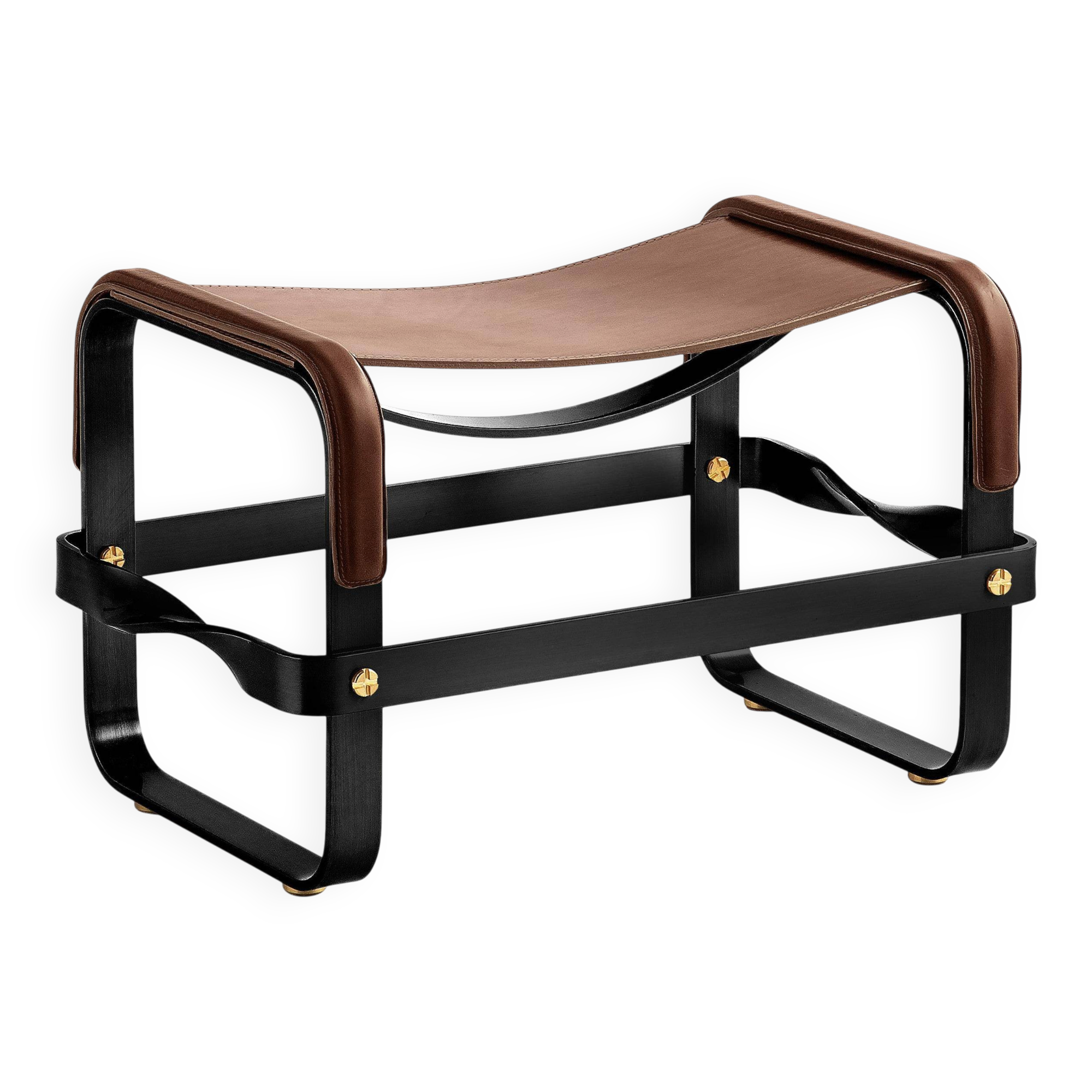 Smoky steel footrest in black and dark brown leather, contemporary style.