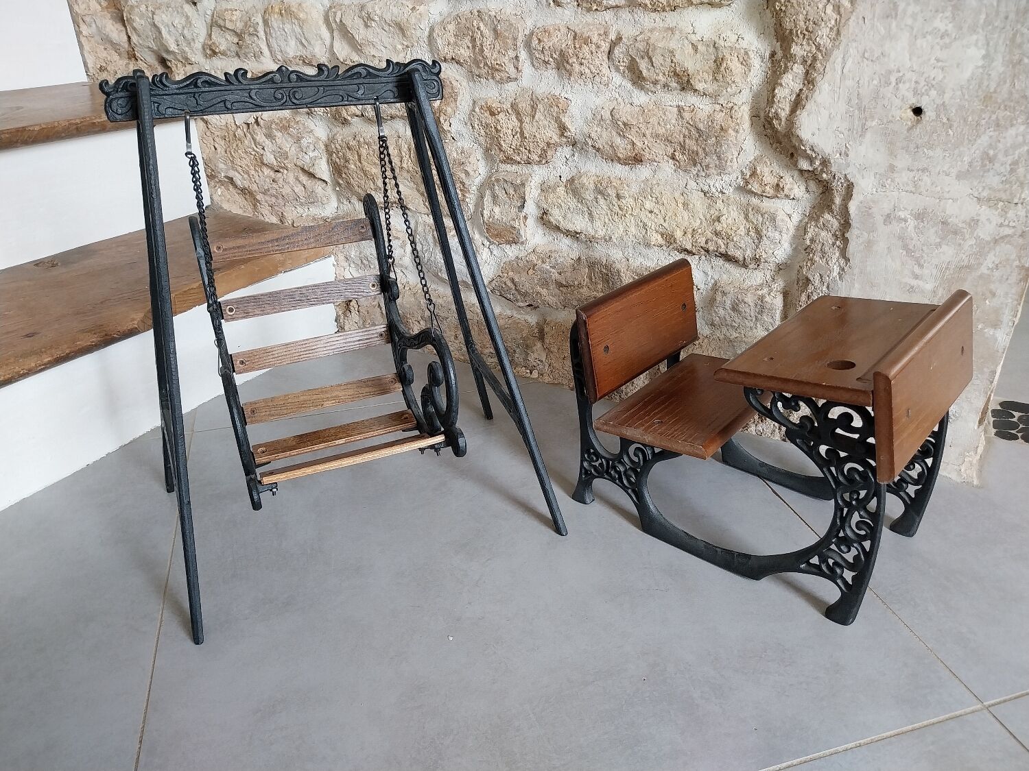 Wooden swing desk and porcelain dolls