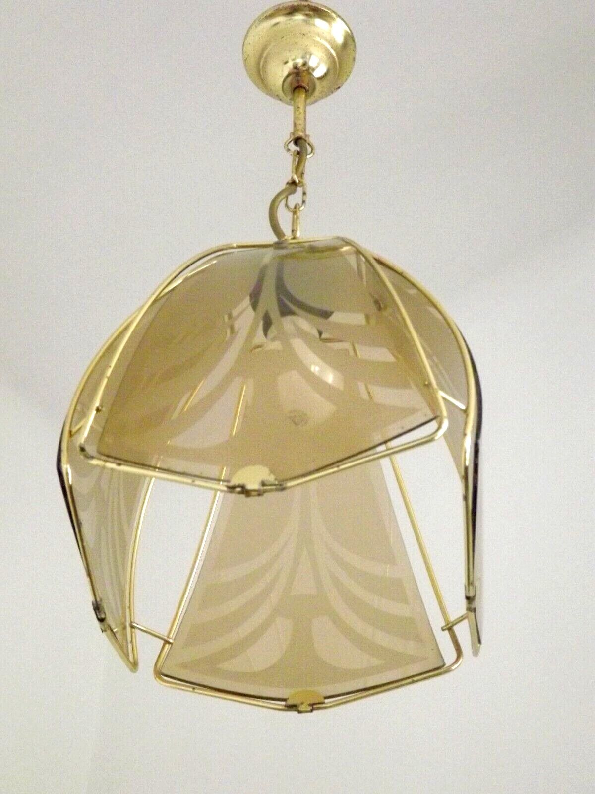 French ceiling light in gold metal with 4 decorative glass panels.