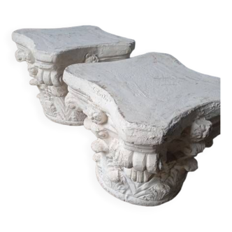 Pair of 2 painted cement Corinthian capitals / coffee table