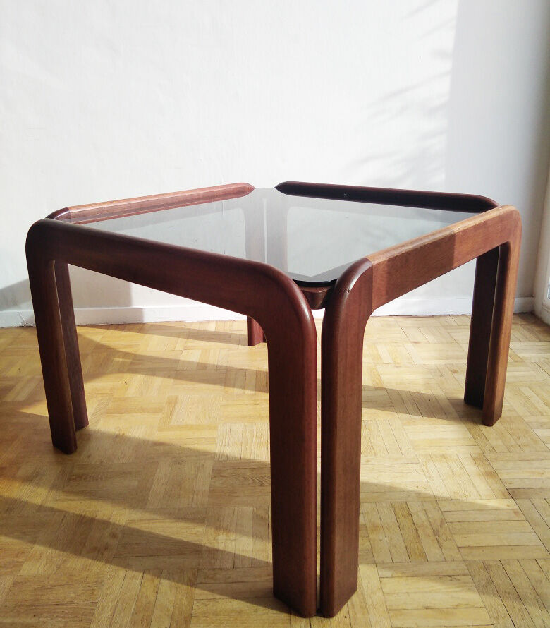 Coffee table in teak and smoked glass 1970
