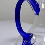 Bubble glass decanter with cobalt handle from Val de Pome Biot glassworks
