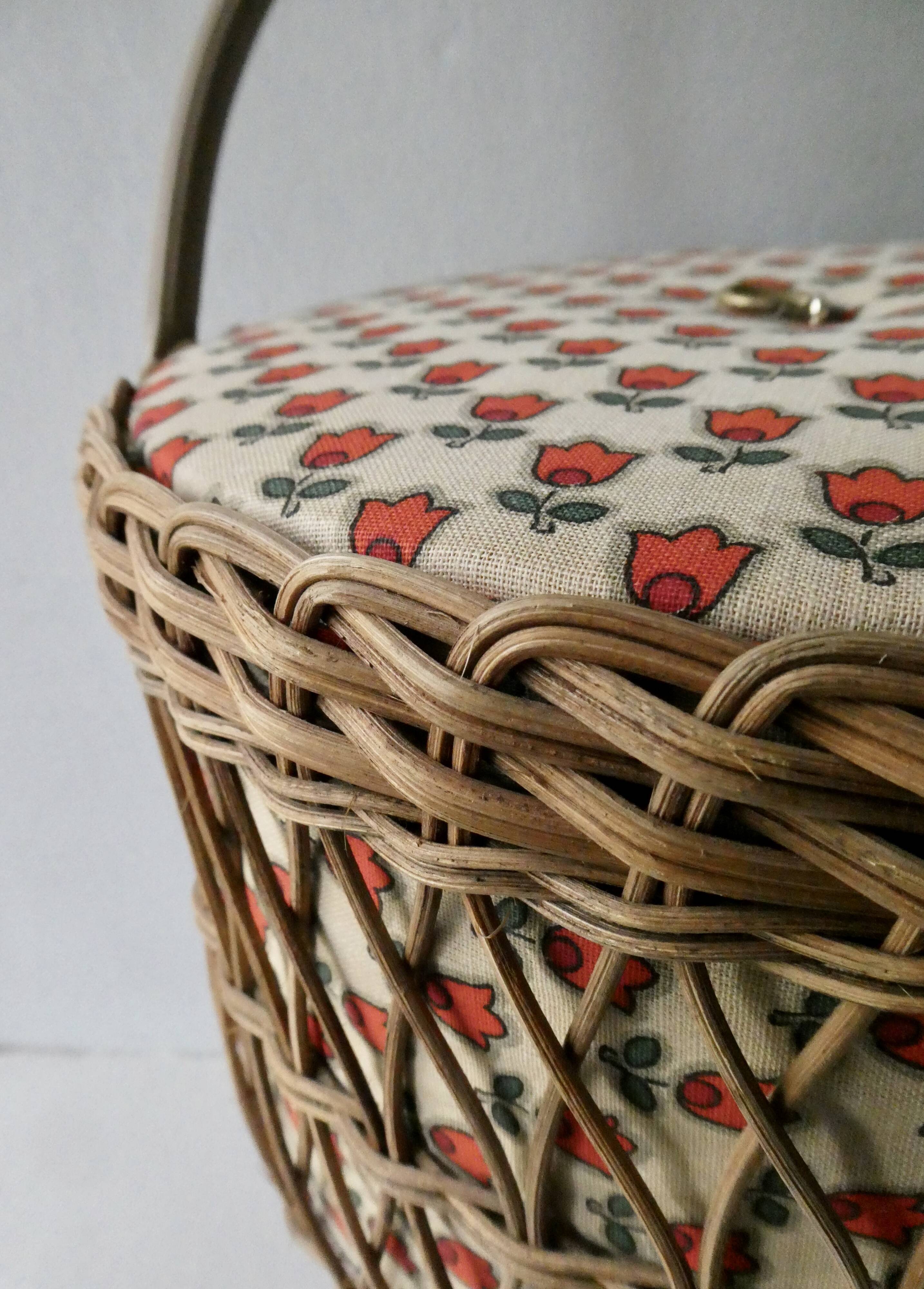 Tripod worker, sewing box, rattan and wood, 60s