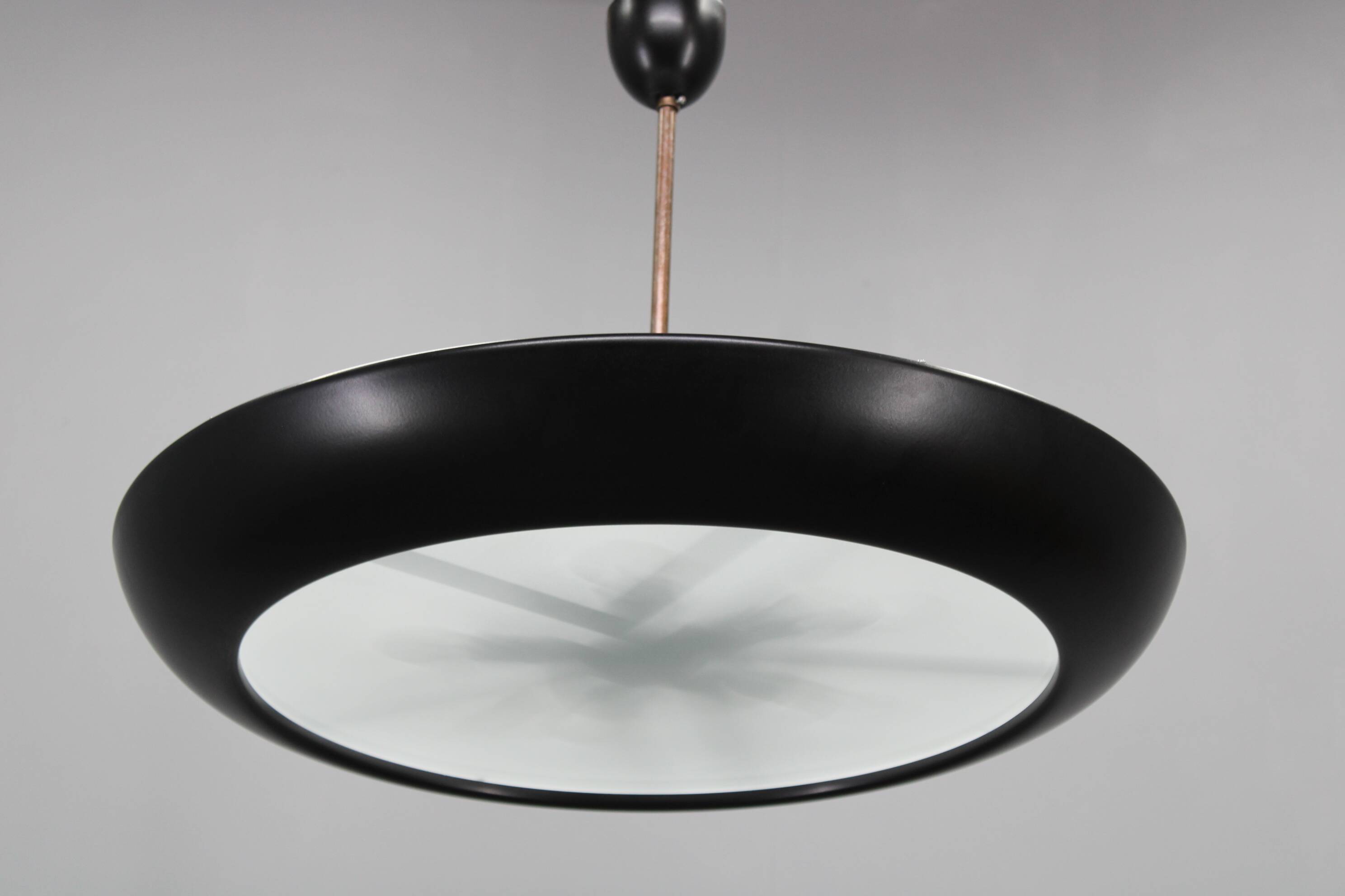 1940s Josef Hůrka for Napako Bauhaus UFO pendant light, metal & glass, restored