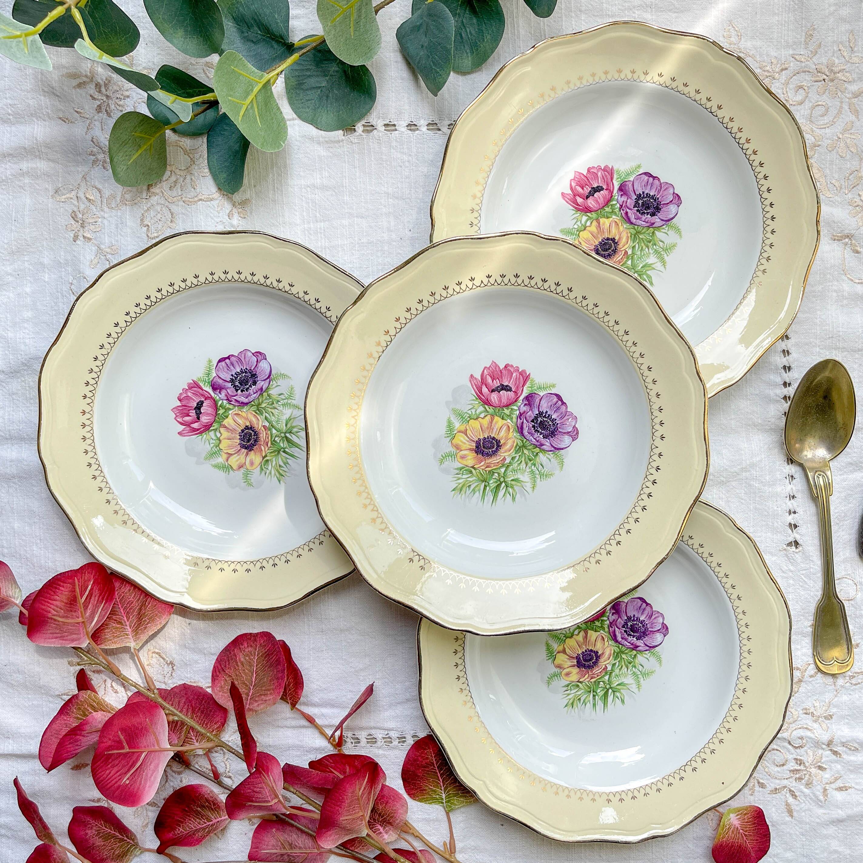 4 vintage porcelain soup plates with white and golden yellow floral pattern L'Amandinoise "Coopélia"