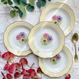 4 vintage porcelain soup plates with white and golden yellow floral pattern L'Amandinoise "Coopélia"