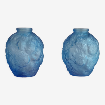 Pair of vases art deco glass blue pattern flower chrysanthemums