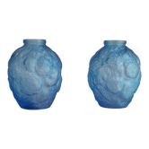 Pair of vases art deco glass blue pattern flower chrysanthemums