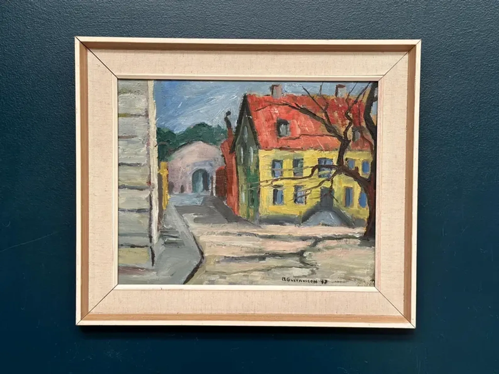 Original Swedish Oil on Panel – “Urban Landscape” by B. Gustavson – Signed – Dated 1947 – Vintage & Framed