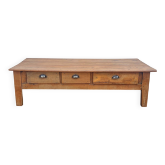 Large antique coffee table made of solid ash wood with 3 drawers.
