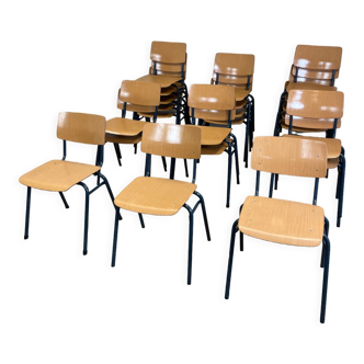 Set of 22 Ahrend light wood blue steel school chairs, Netherlands, 1970s