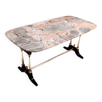 Table basse vintage en hêtre avec plateau rectangulaire en brèche pernice en marbre
