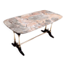 Table basse vintage en hêtre avec plateau rectangulaire en brèche pernice en marbre