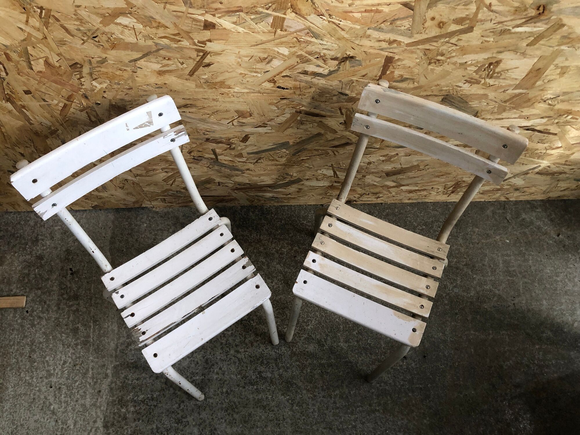 Pair Old Garden Chair Metal Structure + Vintage White Wood Slats