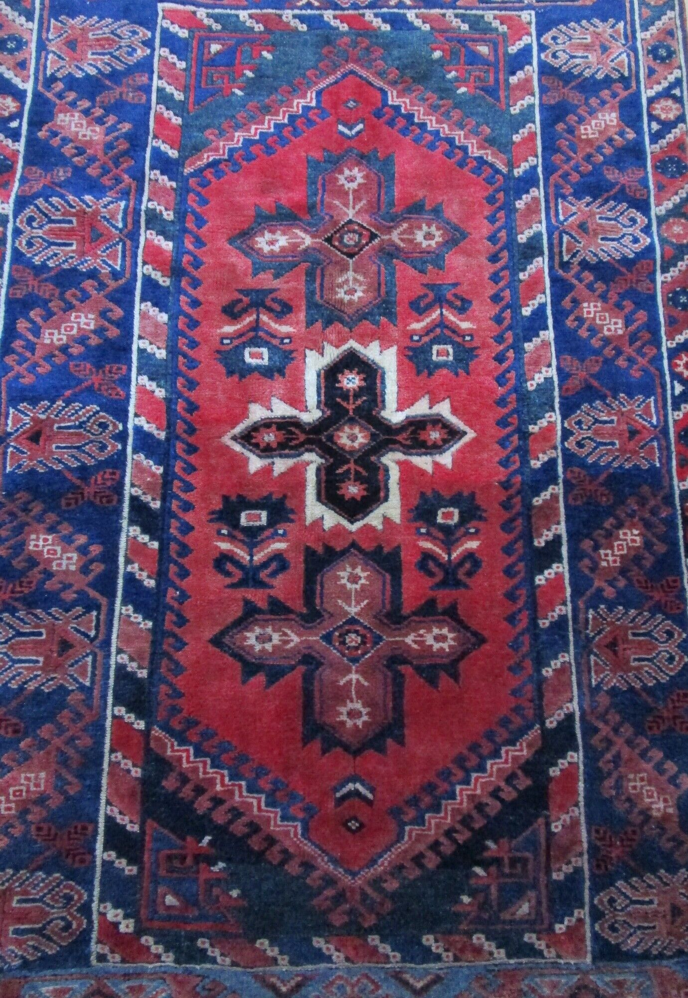 Carpet point knotted velvet wool blue red white 124 cm x 202 cm vintage