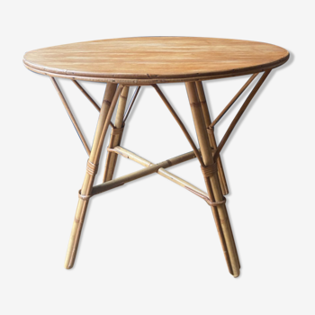 Table ronde basse, en rotin et bois