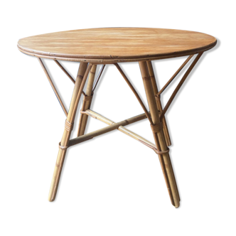 Round coffee table, in rattan and wood