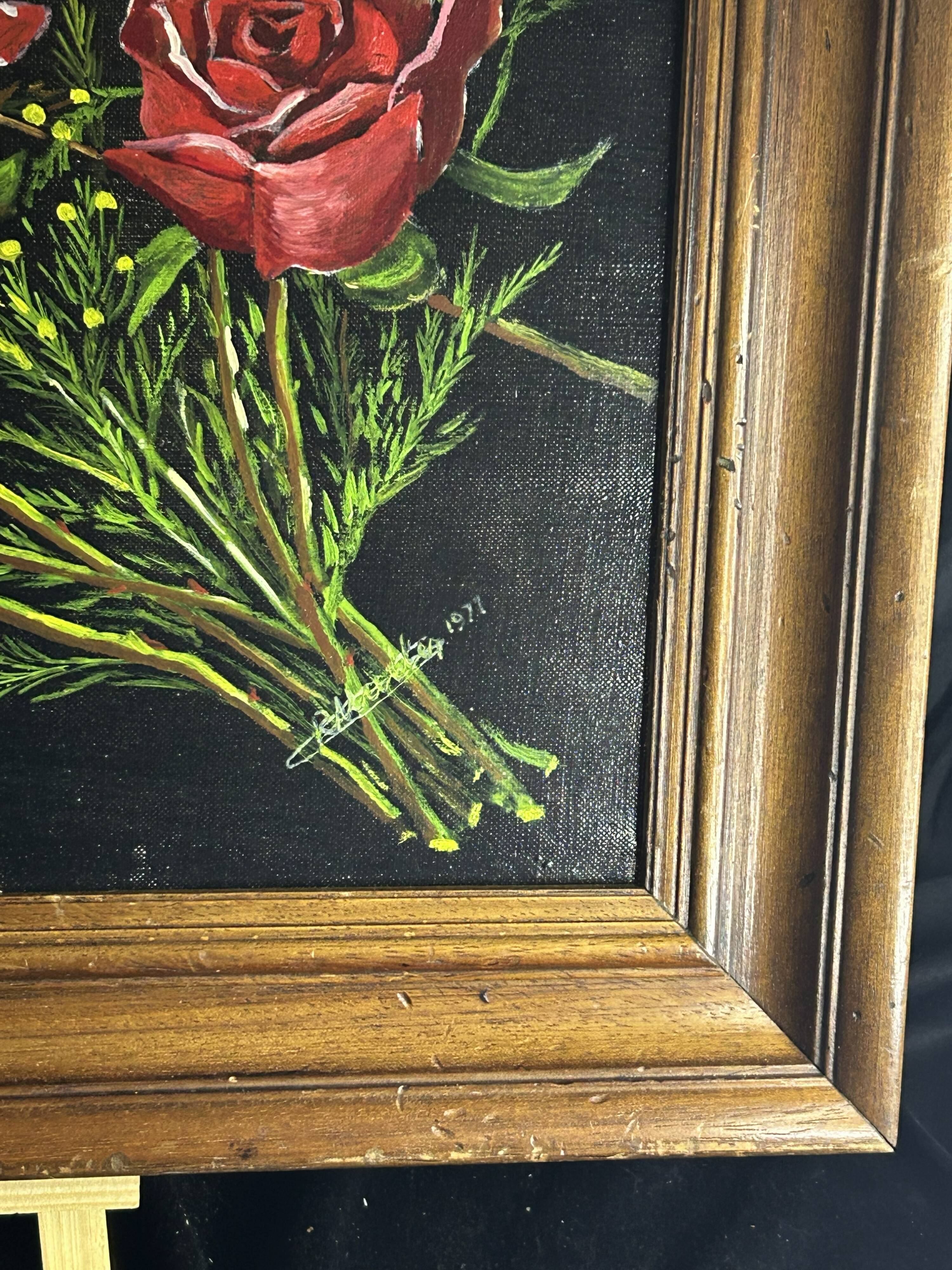 Nature morte aux roses – Huile sur toile signée et datée 1977 –Cadre bois