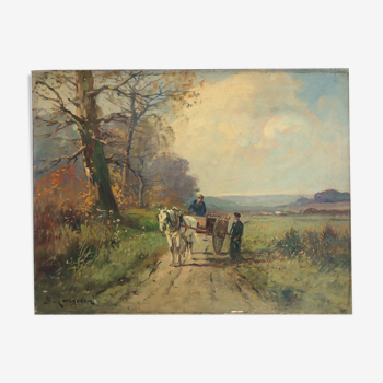 Oil on canvas countryside and cart