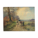 Oil on canvas countryside and cart