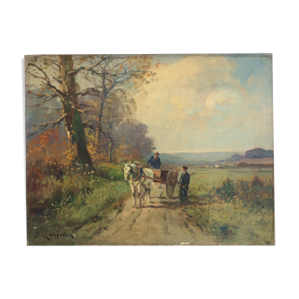 Oil on canvas countryside and cart