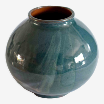 Vase boule en céramique émaillé bleu