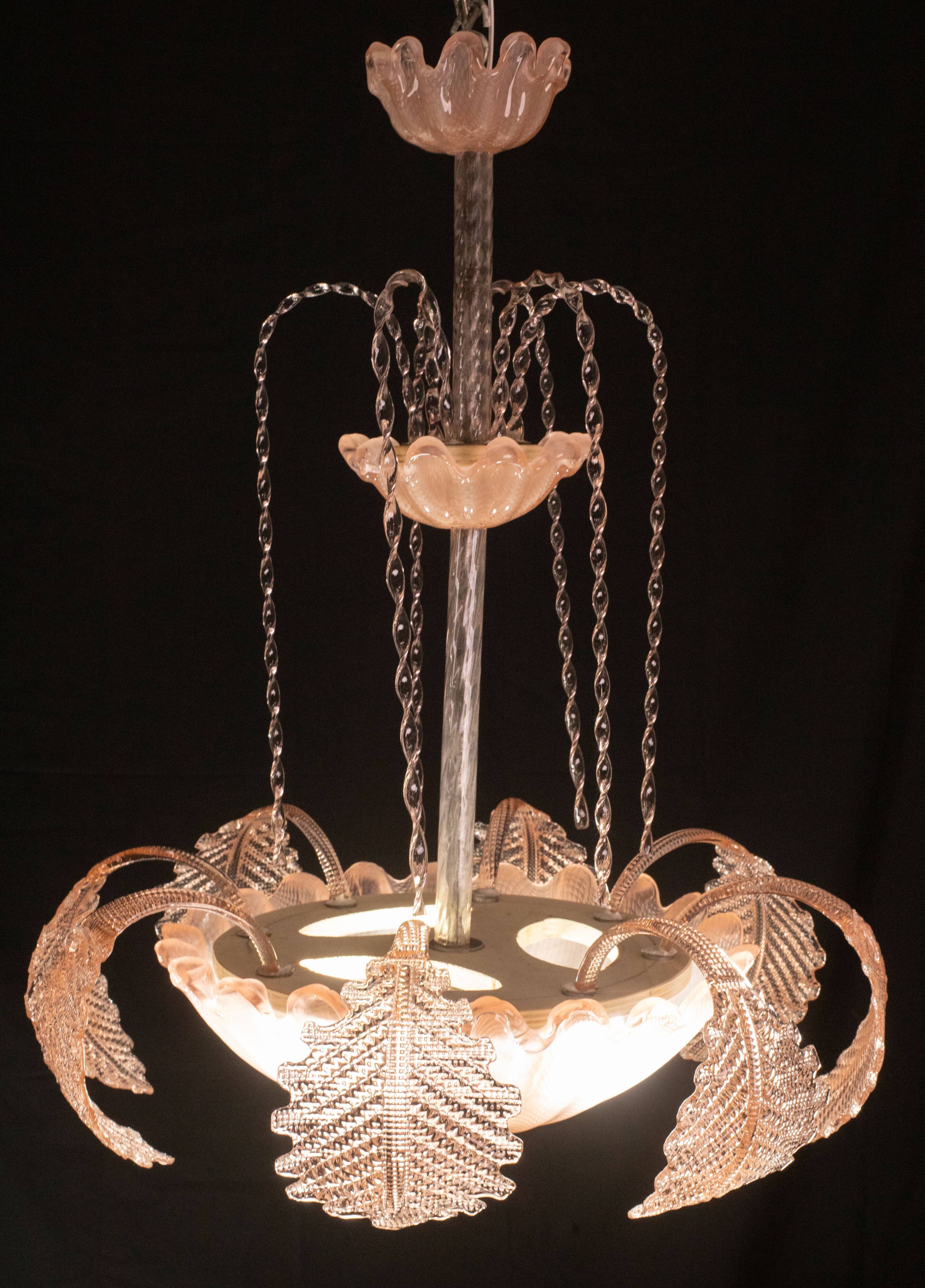 Pink Art Decò Barovier e Toso "Fountain" Pendant Light, Murano Glass, 1940s
