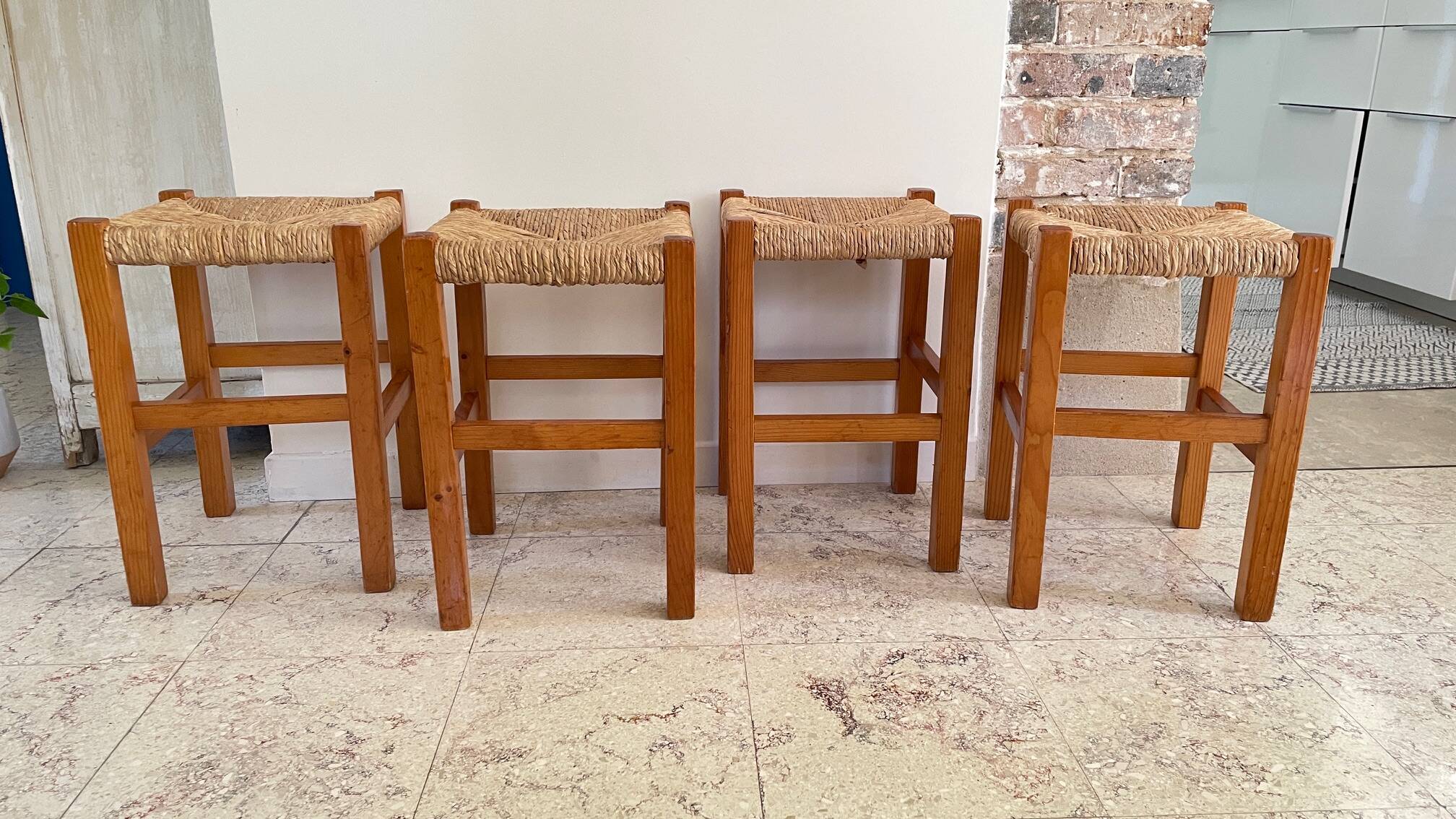 Pair of vintage wooden and straw stools