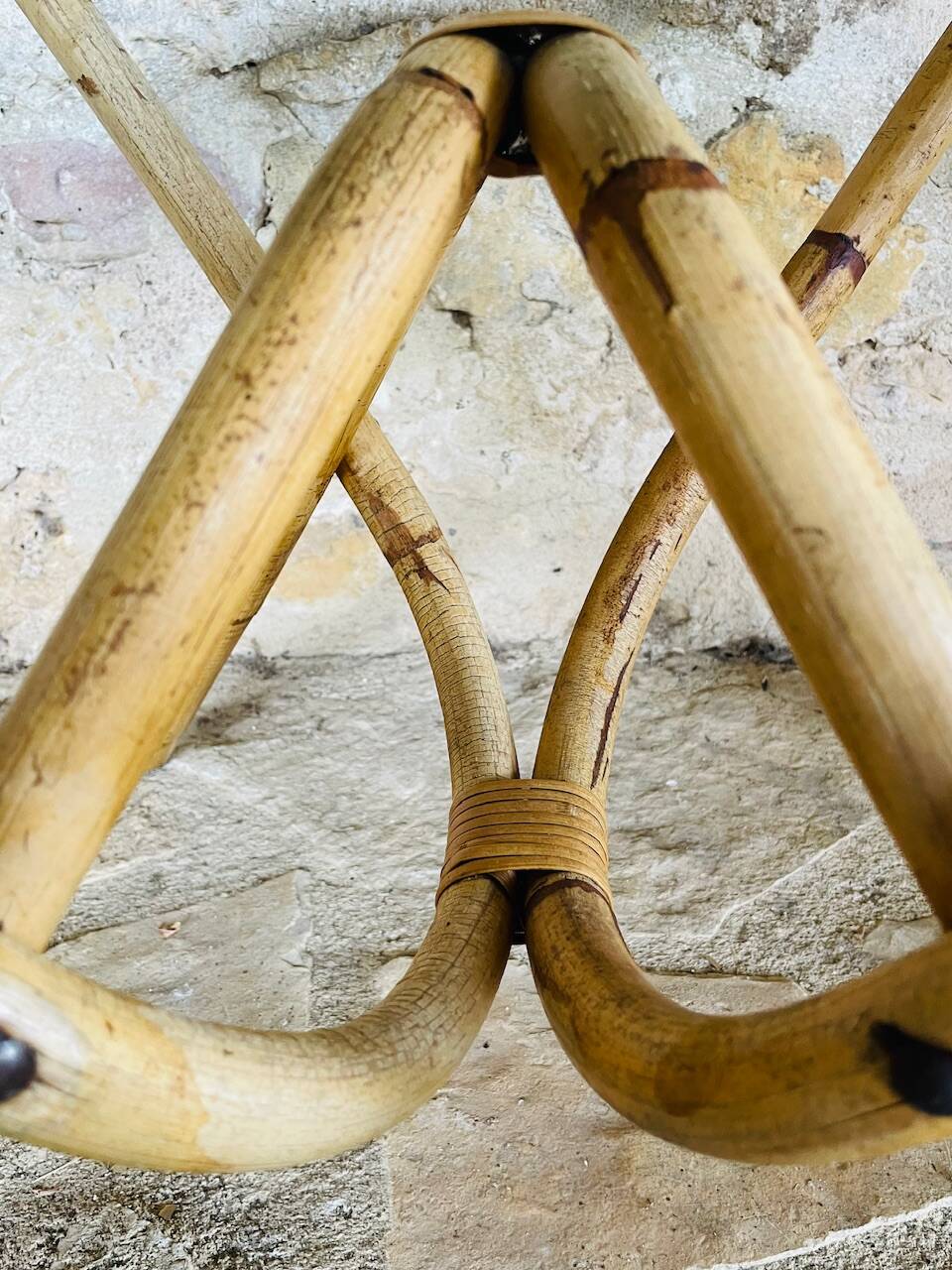 Round bamboo and rattan coffee table with glass top, circa 1960s