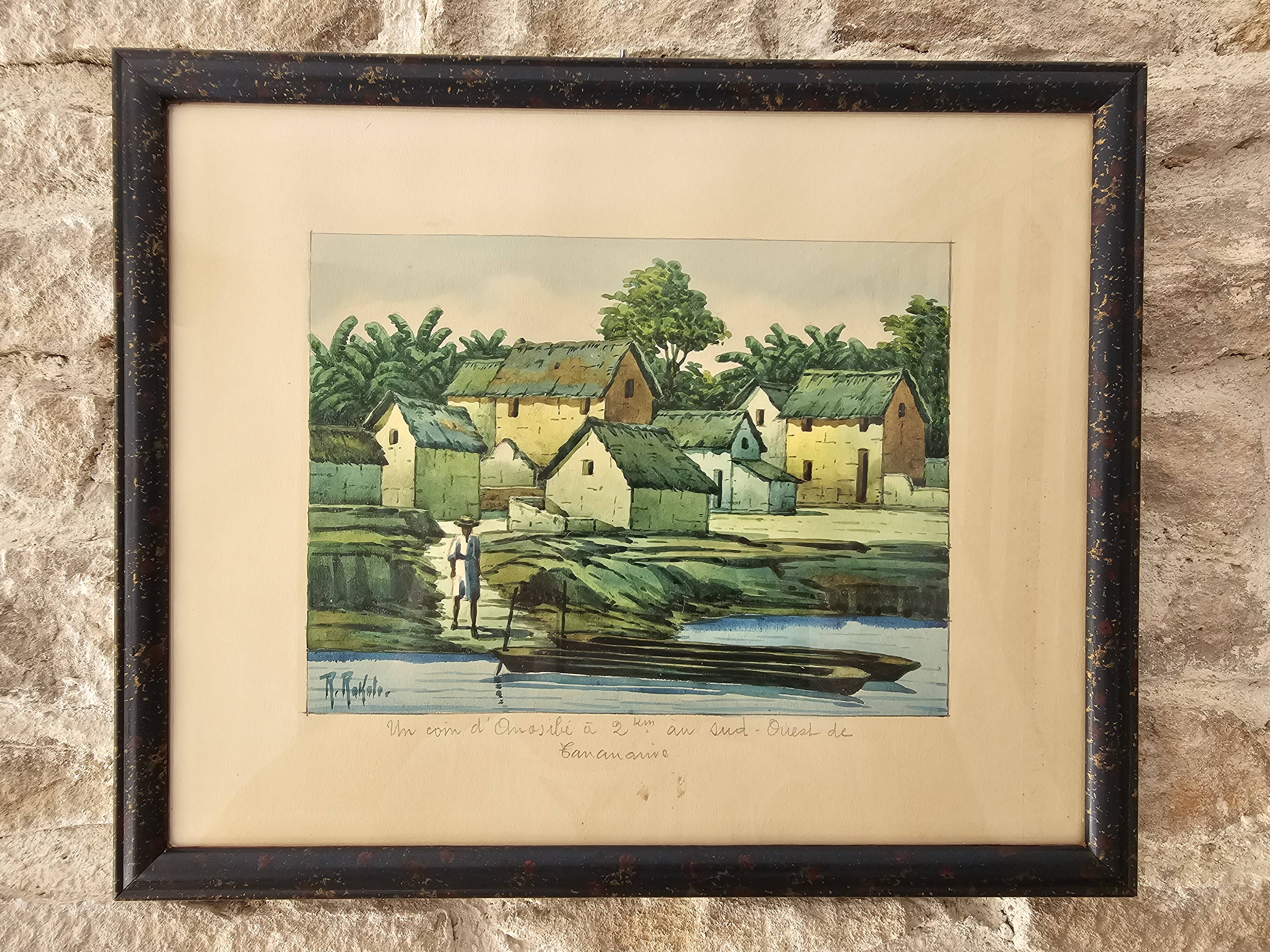 Watercolour painting on paper Madagascar Malagasy Village Signed R Rakoto