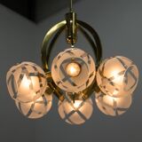 Lustre à 6 bras en laiton et verre, années 1980