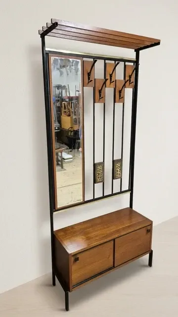 Vintage mid-century modern hallway coat rack with mirror by Alfred Hendrickx for Belform, Belgium, 190 × 80 × 30 cm