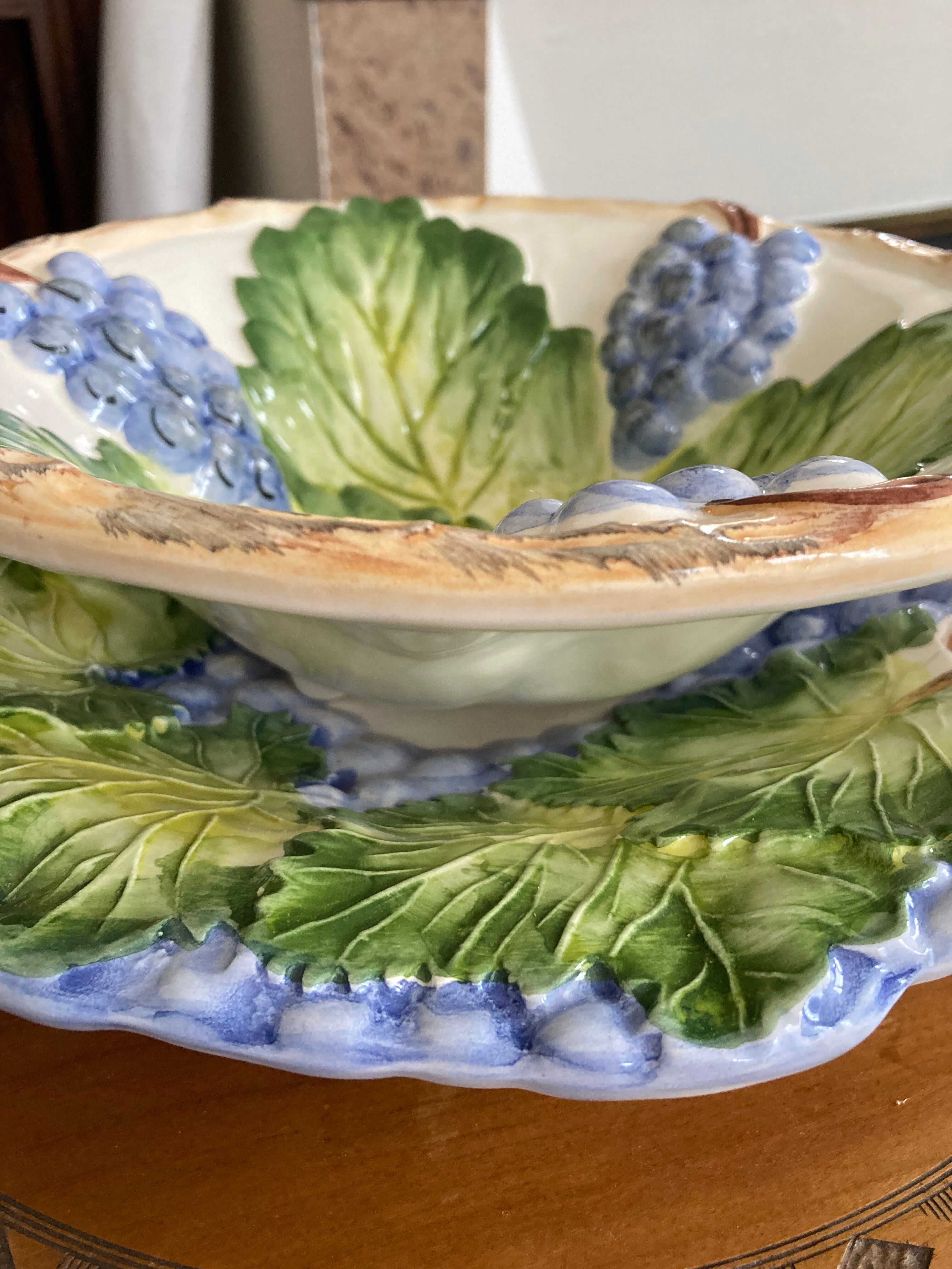Grape slip compotier with plate - vintage majolica style ceramic drainer