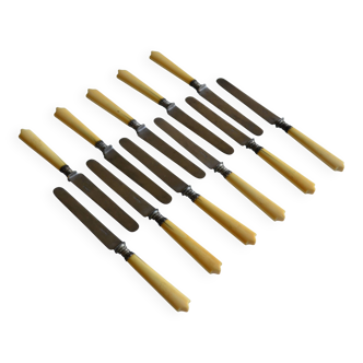 11 couteaux de table anciens époque XIX manches couleur ivoire monogramme