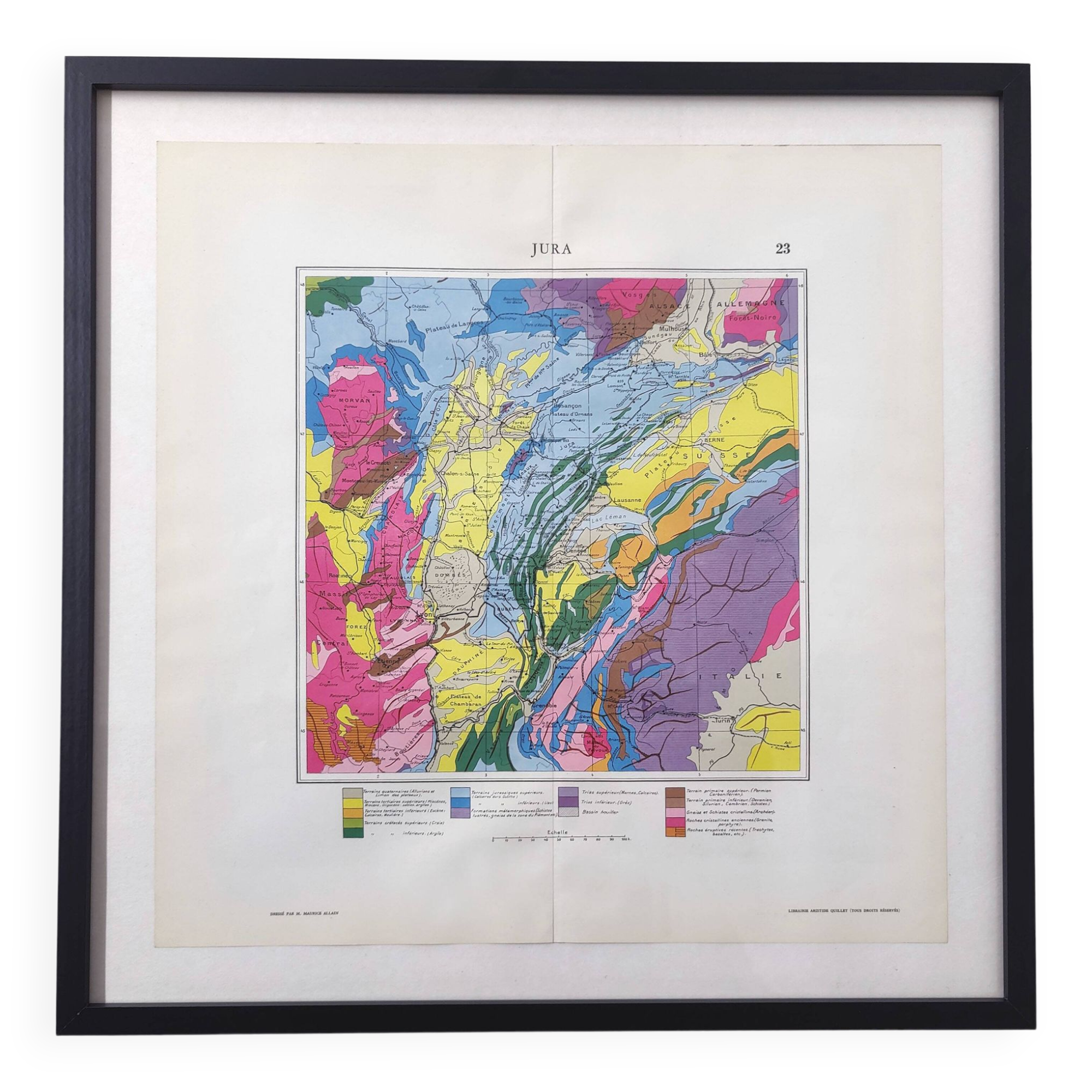Vintage map of Jura France Switzerland 43x43cm from 1950