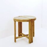 Pair of mid-century italian half-moon bamboo and smoked glass console tables
