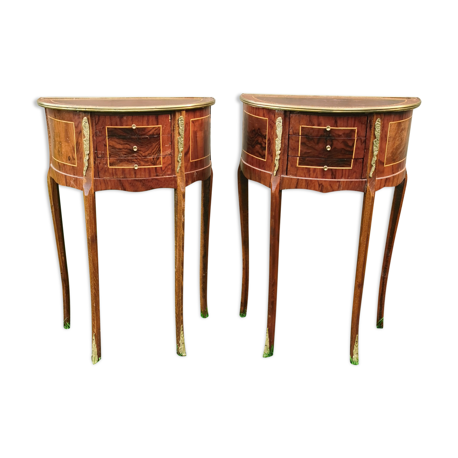 half-moon bedside pair in marquetry, bronze ornaments
