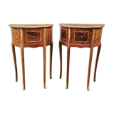 half-moon bedside pair in marquetry, bronze ornaments