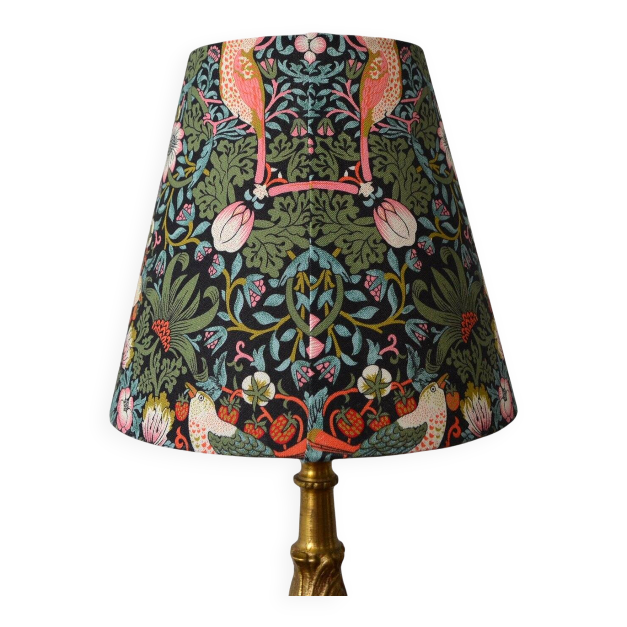 William Morris style lampshade, birds, strawberries, flowers.