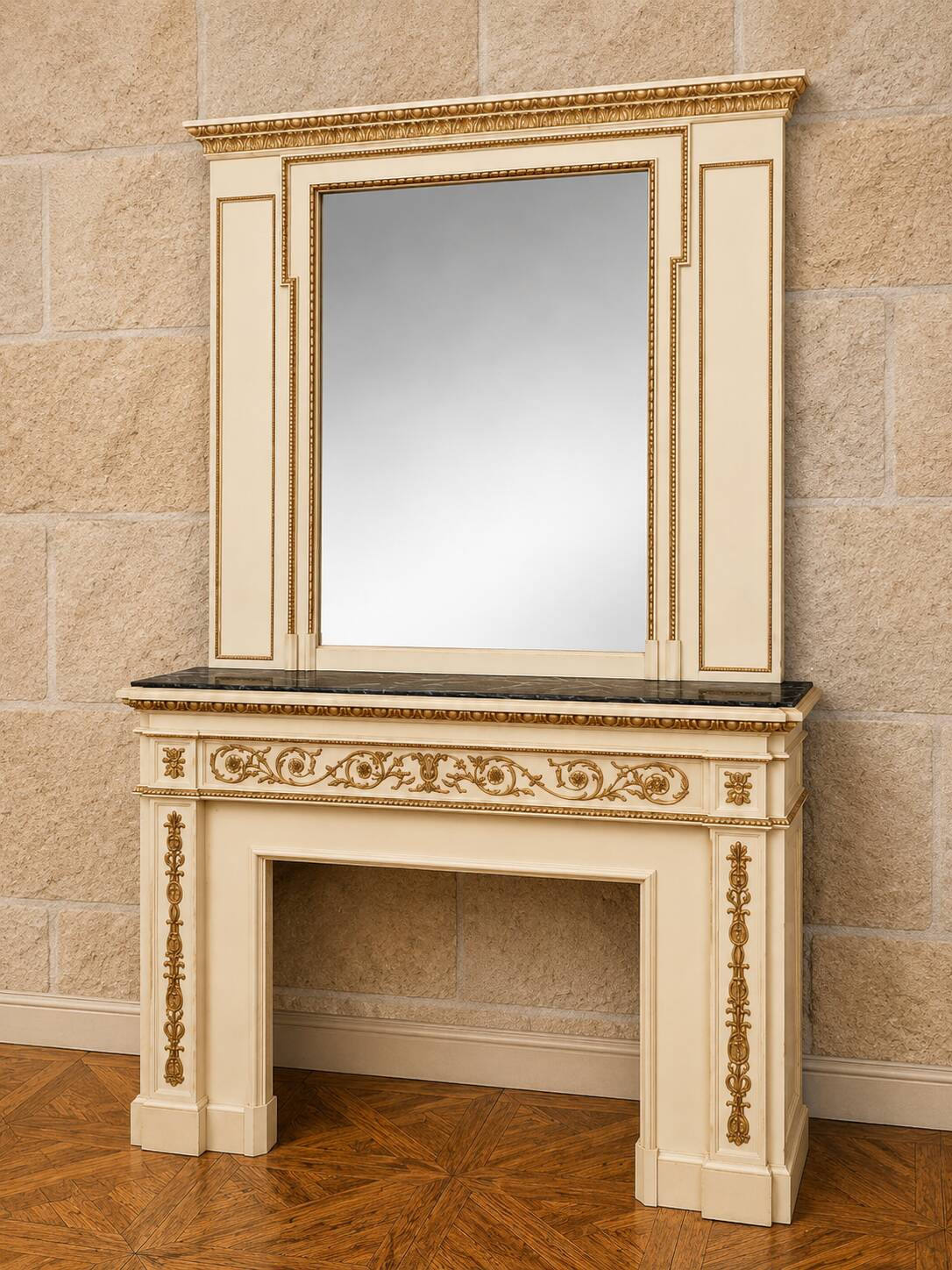 Importante cheminée de style Louis XVI, avec son trumeau le tout en bois
