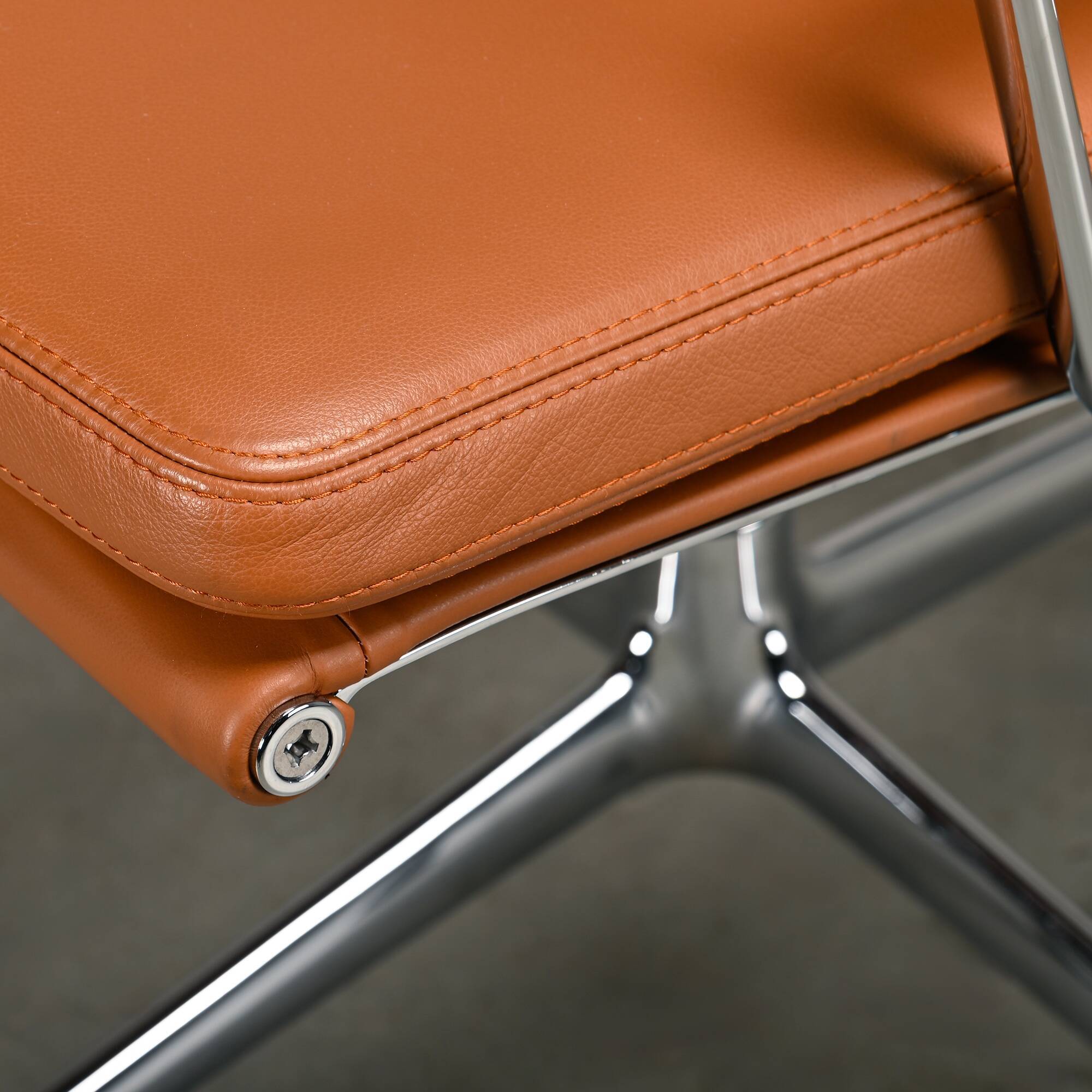 Charles & Ray Eames EA208 Soft Pad Chairs Chrome and Cognac leather, Vitra