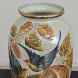 Beau vase peint main oiseau et feuilles H.Béquet numéroté 556